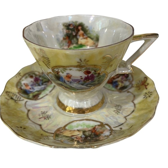 Lefton China Teacup and Saucer, Hand Painted, Victorian Couple Courting. - Picture 1 of 4